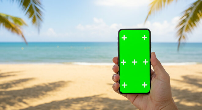Man holds smartphone with green screen at beautiful tropical beach with palm trees, perfect for travel content.