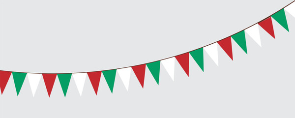 Green, white and red flag garland. Triangle pennants chain. Party decoration. Celebration flags for decor. Vector illustration