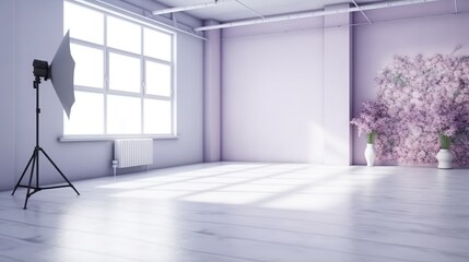 Bright, Empty Photography Studio Interior with Large Window and Softbox Lighting Setup