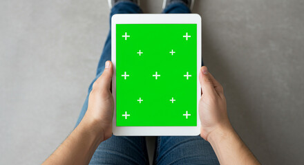 Person holding a tablet with a bright green screen and tracking markers, ready for content insertion