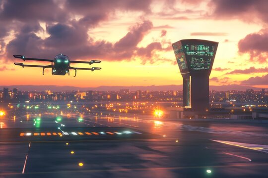 EVTOL aircraft hovering next to an air traffic control tower with a city skyline visible during an orange sunset