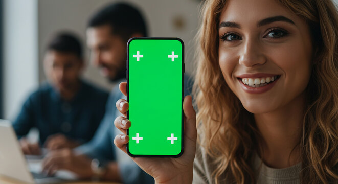 Smiling woman shows green screen phone to camera with colleagues working behind her - Powered by Adobe