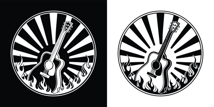 Acoustic guitar with flames and sunburst emblem, black and white illustration, folk music symbol, isolated on white background
