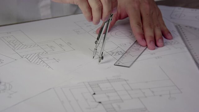 Architect hands drawing technical blueprints with compass and ruler tools on engineering plans