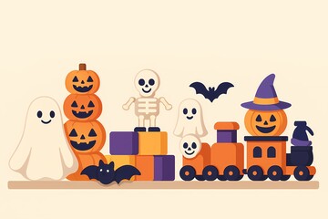 Obraz premium Halloween toys collection on shelf flat illustration AI generated