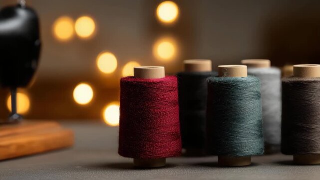 A vintage sewing machine stands next to an array of colorful spools of thread, symbolizing creativity and the timeless art of crafting garments and various textile projects.