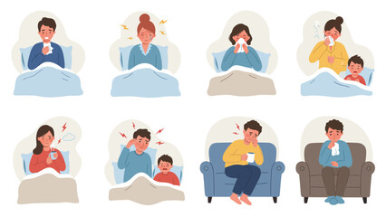 Illustrations of Common Illness Symptoms: Cold, Flu, Headache, and Fever