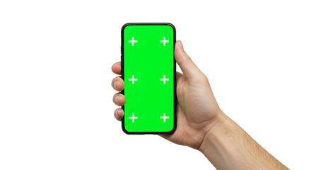 Confident hand holding modern smartphone with green screen and tracking markers, ready for customization