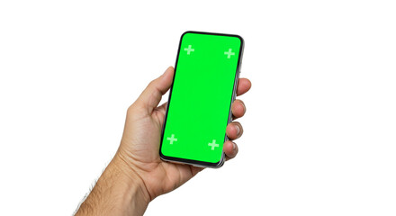 Confident hand holding modern smartphone with green screen for easy customization and content creation