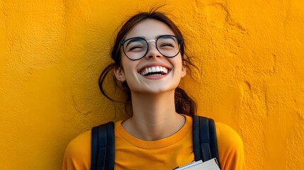 Happy Student Girl Yellow Background Smiling Books Glasses Backpack