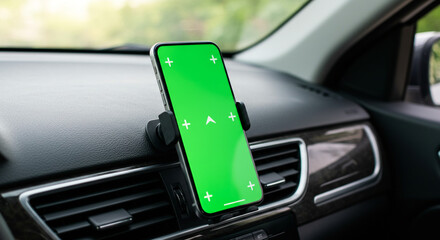 Modern smartphone with green screen in car mount for navigation and app integration