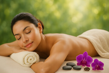Beautiful woman enjoying relaxing spa treatment with hot stones and orchids, perfect for wellness retreats, beauty ads, and serene lifestyle content