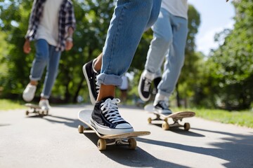 Teenagers skateboarding on a path in a park setting Generative AI