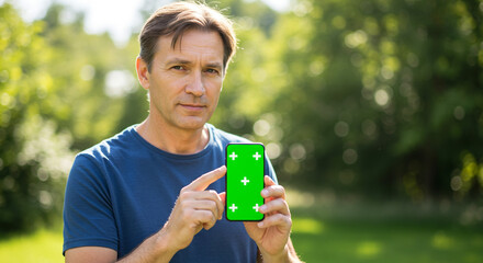 Confident man pointing to green screen smartphone in sunny outdoor setting