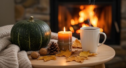 Cozy autumn scene with pumpkin, candle, and steaming mug by a fireplace