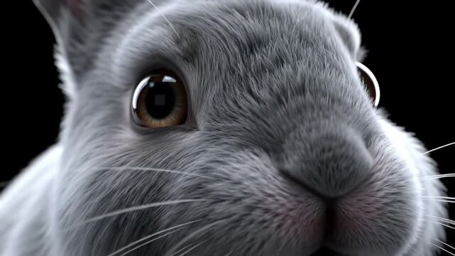 Close up of a rabbit face with detailed fur against a dark background