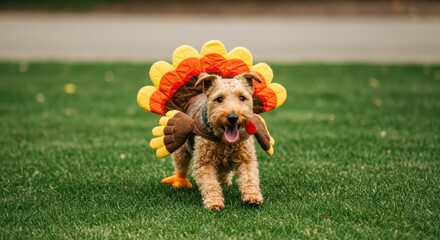 Happy wire-haired terrier dog in a festive turkey costume running on green grass.