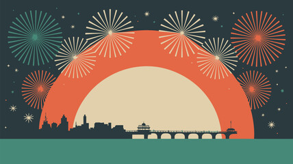 Illustration of city skyline and pier with fireworks against a sunset colored background in the evening
