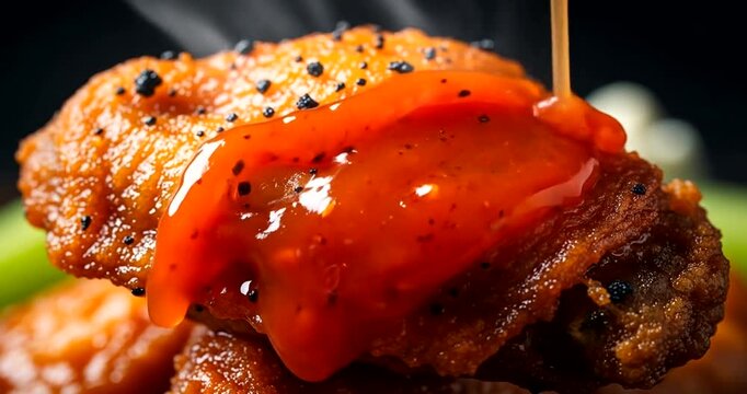 Crispy chicken wings drizzled with spicy sauce on a dark background