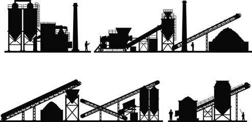 Fototapeta premium Industrial machinery silhouette, construction equipment vector, material processing plant, conveyor belt system, silo structure, heavy industry factory, warehouse facility, production site