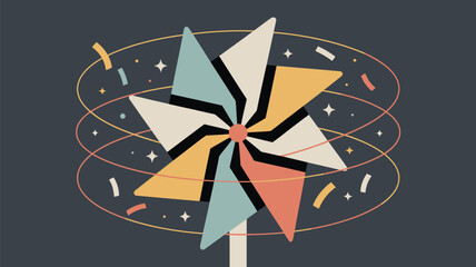 Colorful pinwheel with geometric shapes and confetti on a dark gray background illustration art