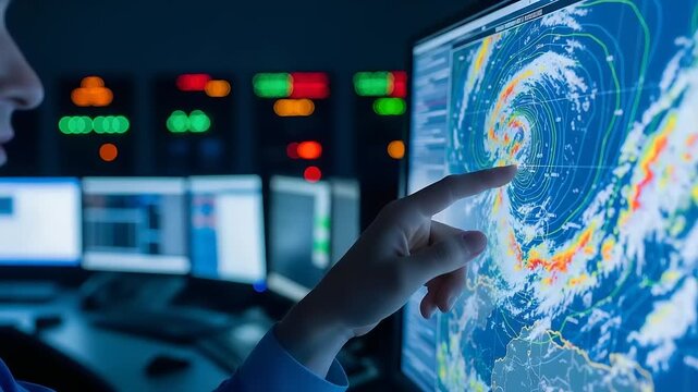 Forecasting the Fury: A scientist intently studies the projected path of a fierce storm on a high-tech weather map display, a scene of professional dedication and the power of scientific analysis.