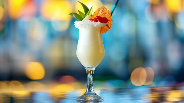 Fresh cool alcoholic drink cocktail on bar counter in night club. Pina colada. Lights bokeh. copy space for text. For menu