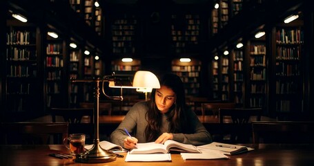 Young woman studying in a quiet library with books and warm lighting - Powered by Adobe