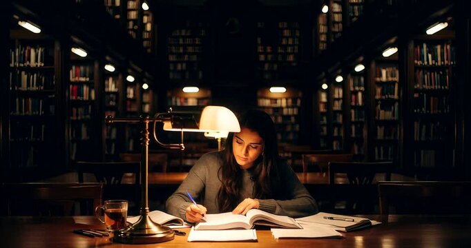 Young woman studying in a quiet library with books and warm lighting