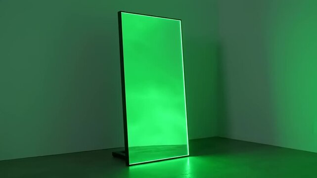 Abstract futuristic background loop of a glowing green mirror art installation in a minimalist dark room. Modern