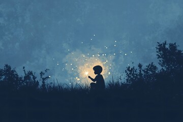 Silhouette of a child holding a sparkler surrounded by fireflies, creating a magical atmosphere at twilight