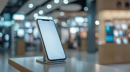 家電量販店の展示台に置かれたスマートフォン
