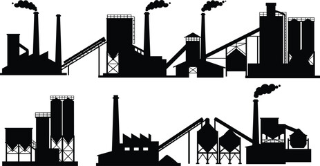Industrial factory silhouettes, manufacturing plant vector, refinery buildings, warehouse illustration, power plant design, black industry icons, construction facility, urban production site artwork