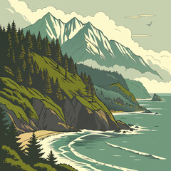 Serene coastal mountain landscape with evergreen forest and crashing ocean waves ©  AMINA 1122