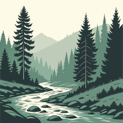 Fototapeta premium Serene forest landscape with a winding river flowing through rocky terrain and distant misty mountains