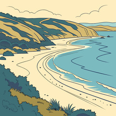 Stylized illustration of a serene coastal landscape with rolling hills and gentle ocean waves