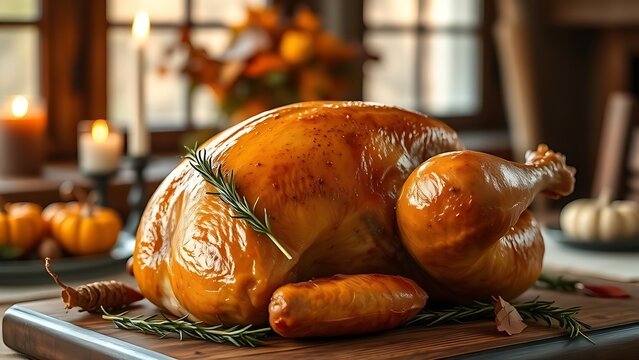 Roasted golden brown turkey on a rustic table with autumn garnishes.