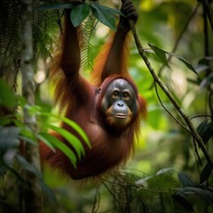 Obraz premium Curious Young Orangutan Hanging from a Branch in the Dense, Lush Green Tropical Rainforest Canopy
