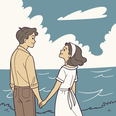 Young couple holding hands and looking at each other by the ocean under a cloudy sky