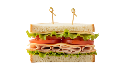 Freshly prepared layered deli sandwich featuring savory turkey or ham slices, cheddar cheese, crisp green lettuce, and vibrant red tomato slices between soft white bread, held together with decorative