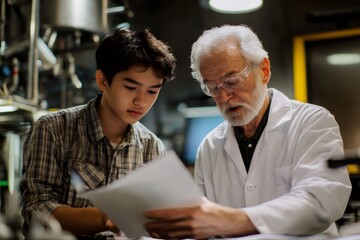 Experienced scientist providing guidance to a young student, sharing knowledge and fostering learning in a research laboratory
