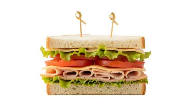 Freshly prepared layered deli sandwich featuring savory turkey or ham slices, cheddar cheese, crisp green lettuce, and vibrant red tomato slices between soft white bread, held together with decorative - Powered by Adobe