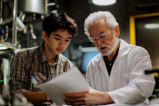 Experienced scientist providing guidance to a young student, sharing knowledge and fostering learning in a research laboratory