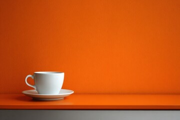 Obraz premium A white coffee cup on a saucer sits on an orange surface against a bright orange wall