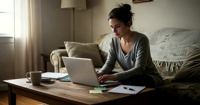 Young woman working on a laptop at home, surrounded by notes and coffee