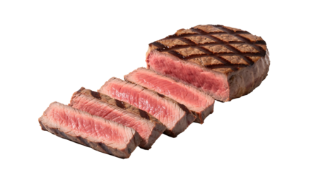 Perfectly grilled and juicy medium-rare beef steak, expertly cut into thick, tender slices with visible char grill marks and a succulent pink center, isolated on a clean white background for high-qual