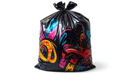 Black trash bag tightly tied, glossy surface with colorful graffiti and pop art patterns, isolated on white background