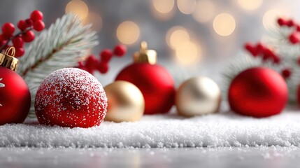 Festive Red and Gold Christmas Ornaments with Pine Branches Background