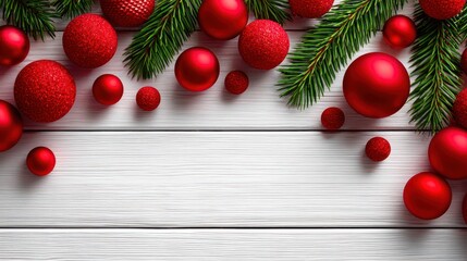 Festive Red and Gold Christmas Ornaments with Pine Branches Background