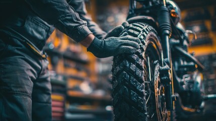 Focused shot of a mechanic replacing a motorcycle inner tube highlighting tire and tool interaction with the workshop softly out of focus.